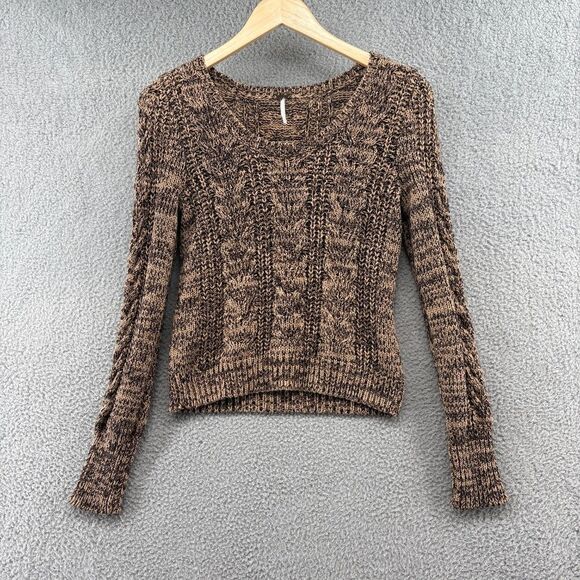 Free People Sweater Brown Cable Knit Contrasting browns scoop neck boho small - Picture 1 of 13